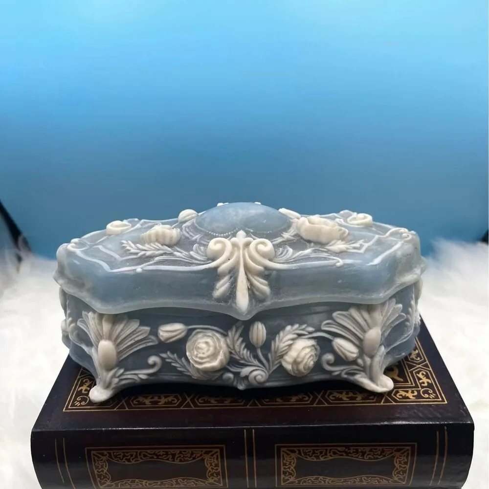 Incolay - Handcraft Genuine Light Blue Stone Box, Rose & Bows